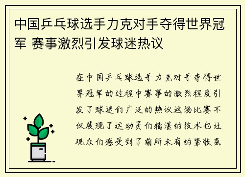 中国乒乓球选手力克对手夺得世界冠军 赛事激烈引发球迷热议