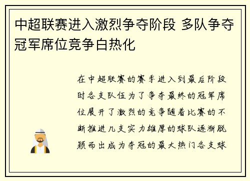 中超联赛进入激烈争夺阶段 多队争夺冠军席位竞争白热化